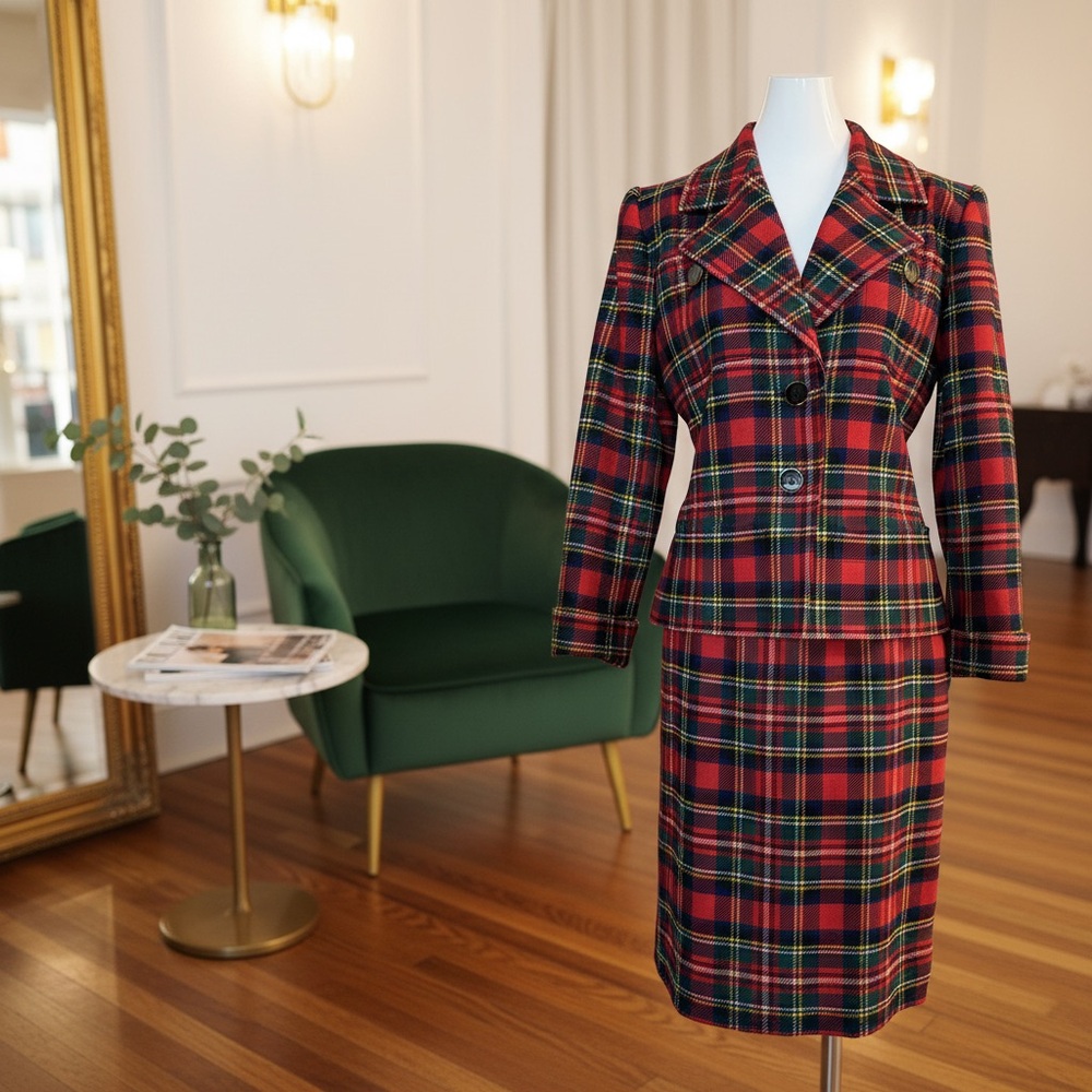 Yves Saint Laurent Red and Green Plaid Jacket & Skirt Set